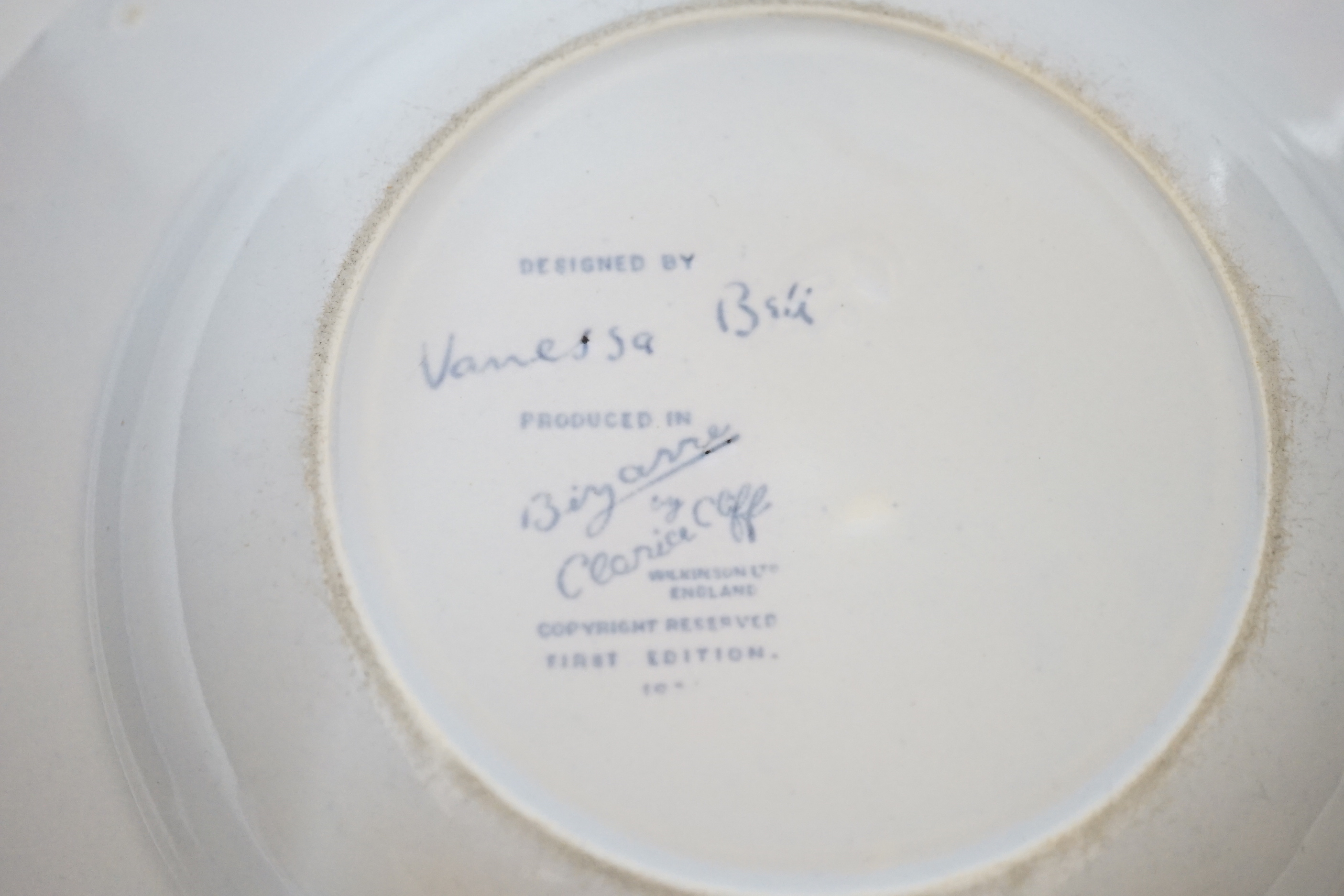 Vanessa Bell design blue and white soup dish,’ produced in Bizarre by Clarice Cliff, Wilkinson Ltd England, First Edition’, stamp to base, 23cm in diameter